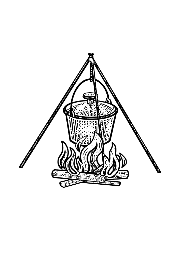 Cooking food on a campfire-coloring book