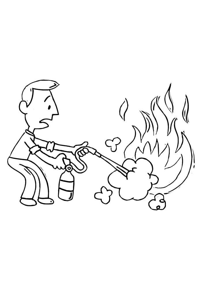 Un hombre apaga un fuego con un extintor de incendios - libro para colorear