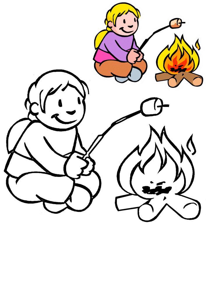 Niño asando comida en el fuego