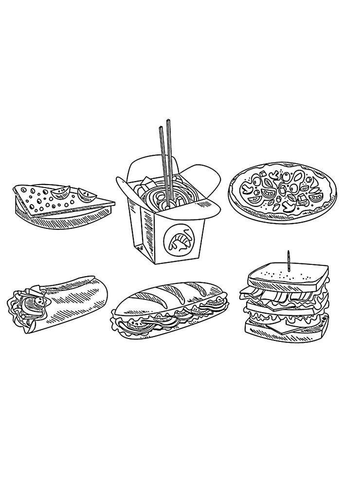 6 imágenes de comida rápida en una página para colorear.