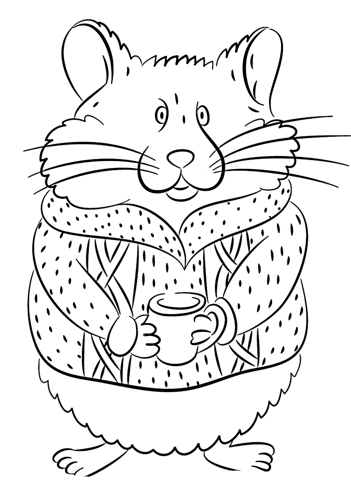 Der Hamster wärmt sich-ein Pullover und ein warmer Tee retten die Kälte.