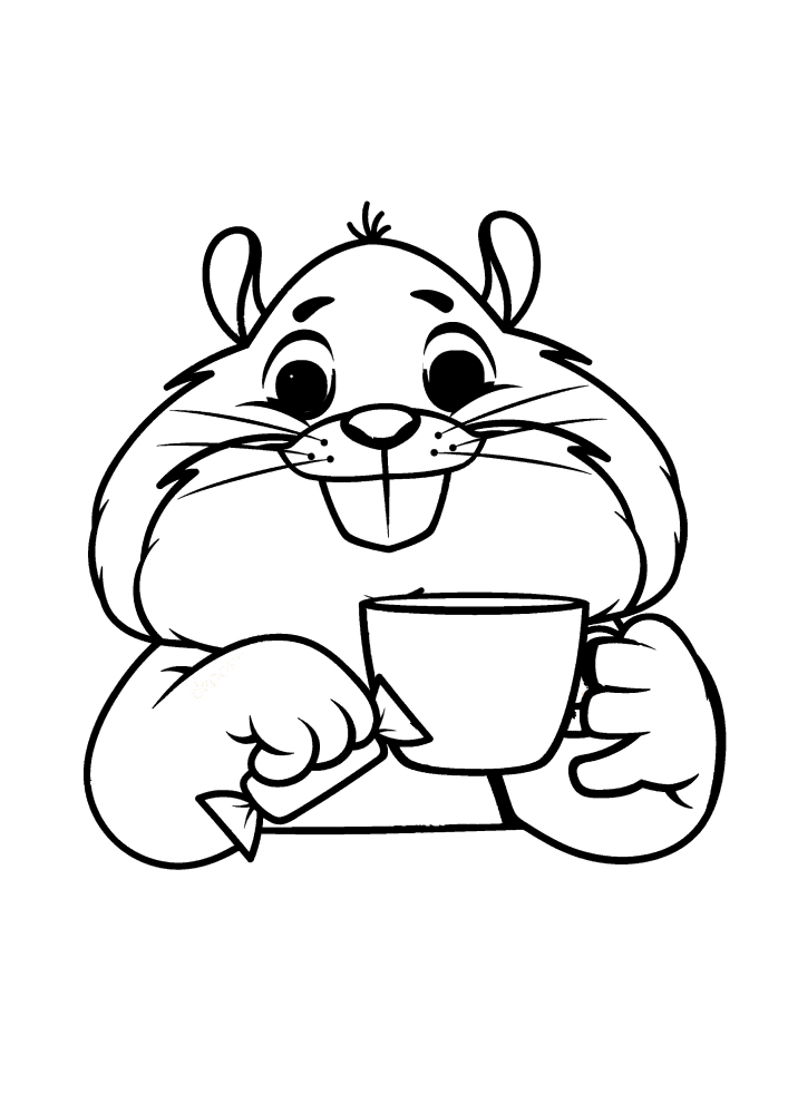 Söpö hamsteri juo teetä karkin kanssa