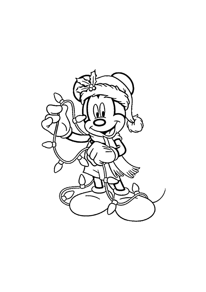 Mickey Mouse holds a garland