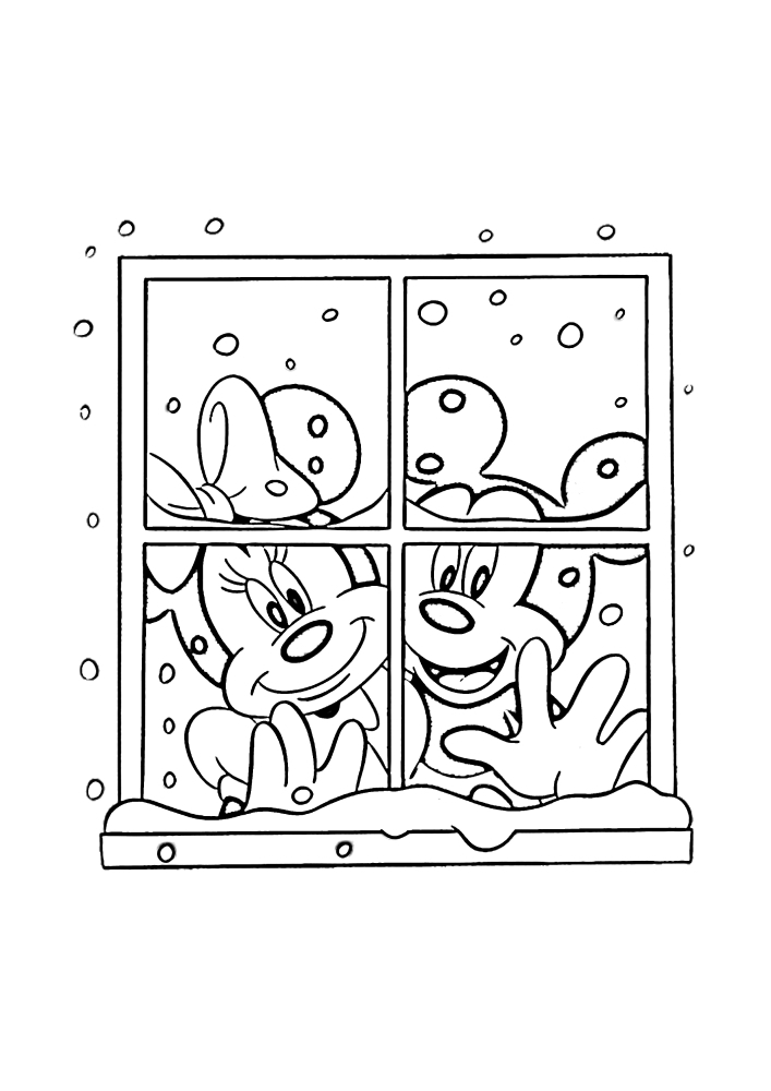 Mickey et Minnie Mouse regardent par la fenêtre et la nuit de Noël dehors!