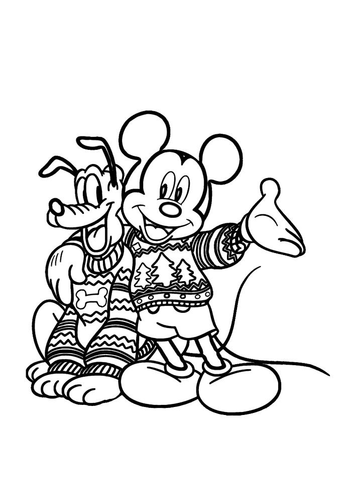 Mickey mouse y Pluto en suéteres cálidos, listos para celebrar la Navidad