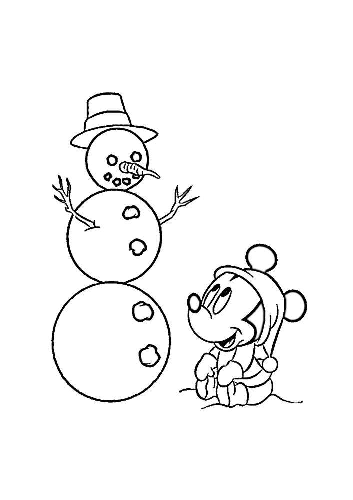 Маленький Микки и снеговик - раскраска
