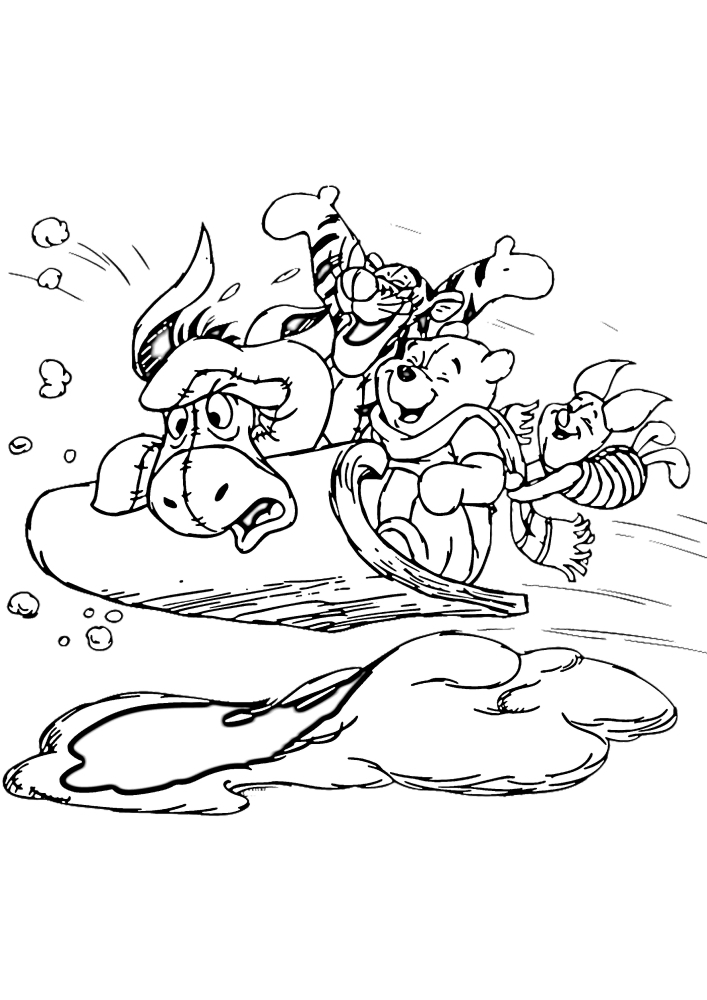 Disney characters ride a sleigh in the snow and have fun