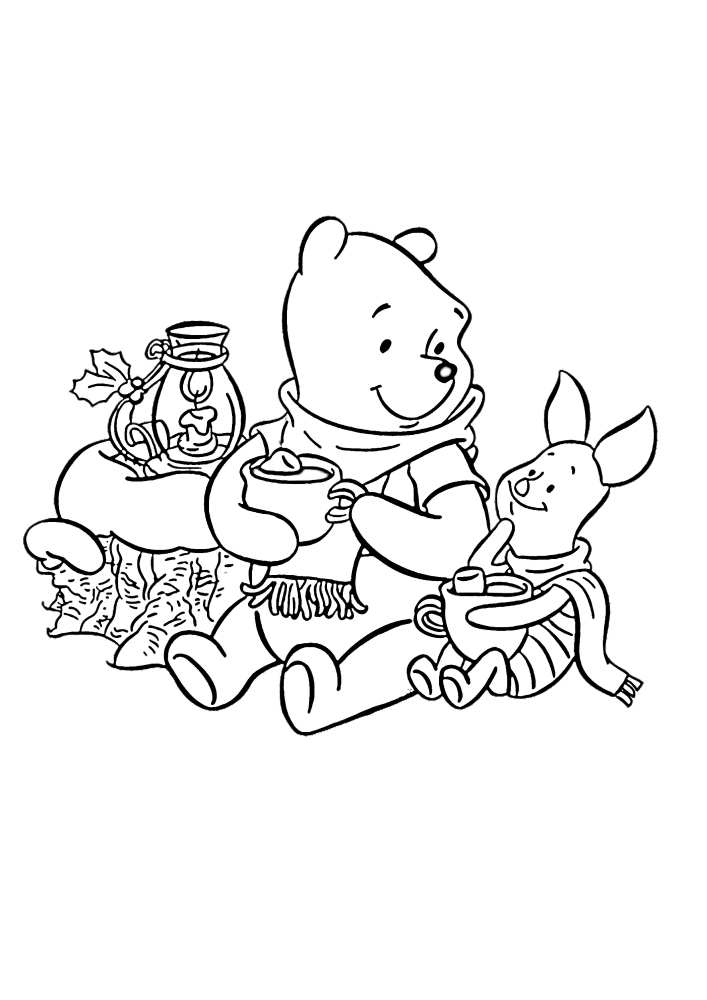 Ferkel und Winnie the Pooh trinken warmen Tee an einem kalten Winterabend