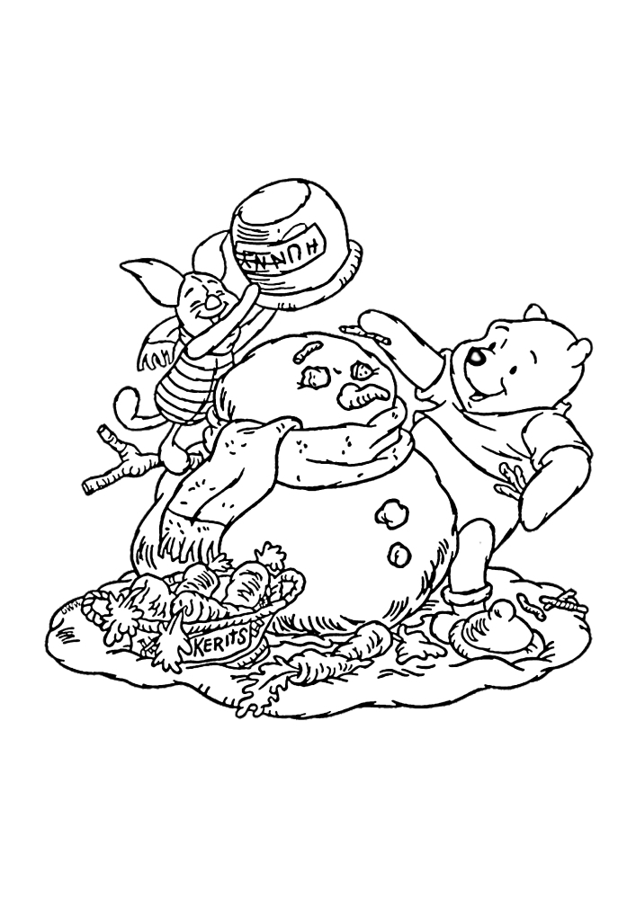 Los personajes hacen un muñeco de nieve