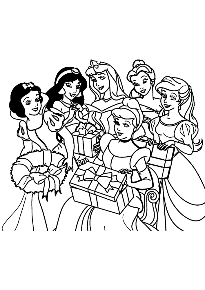 Дисней принцессы упаковывают подарки - рождественская раскраска