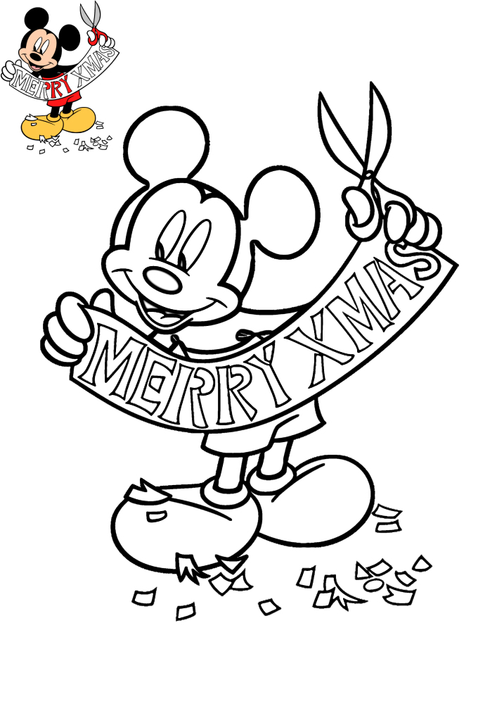 Микки Маус вырезает поздравление к Рождеству - раскраска с образцом разукрашивания