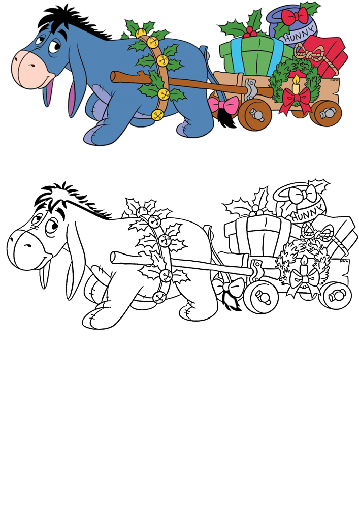Eeyore the donkey carries gifts-coloring book with a sample of coloring