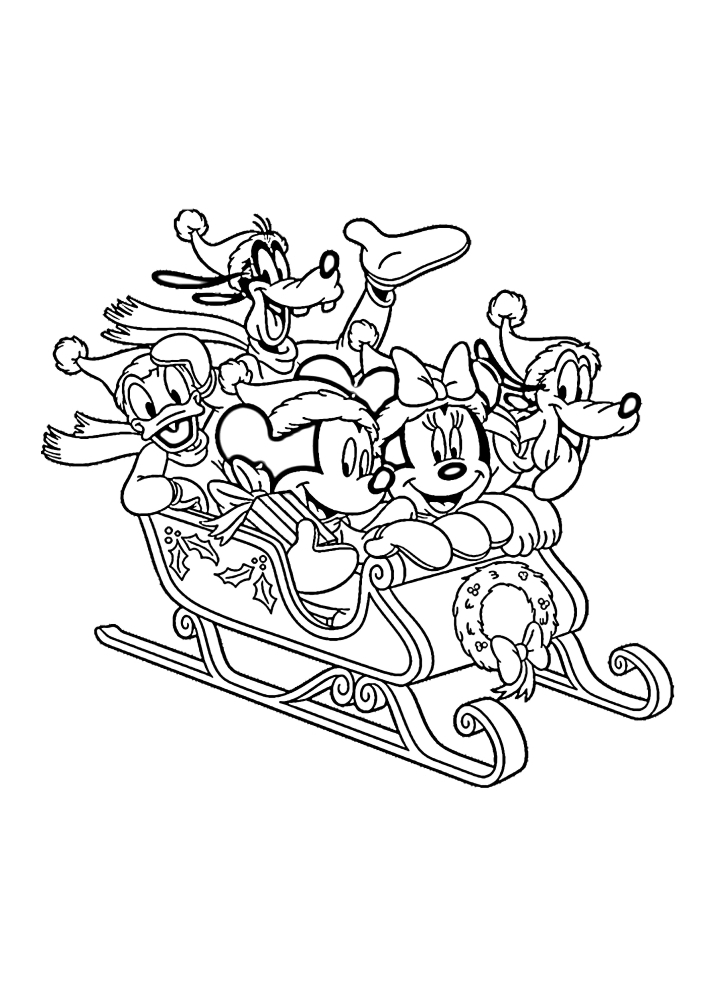 Disney characters in a sleigh-coloring book