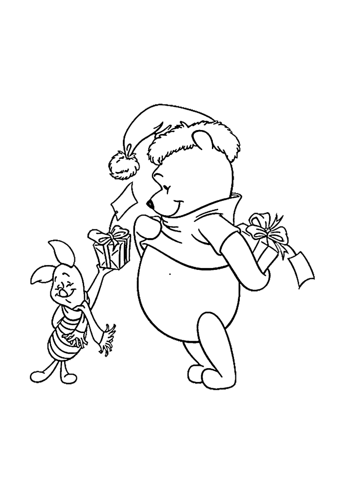 Piglet and Winnie the Pooh give each other gifts-coloring book