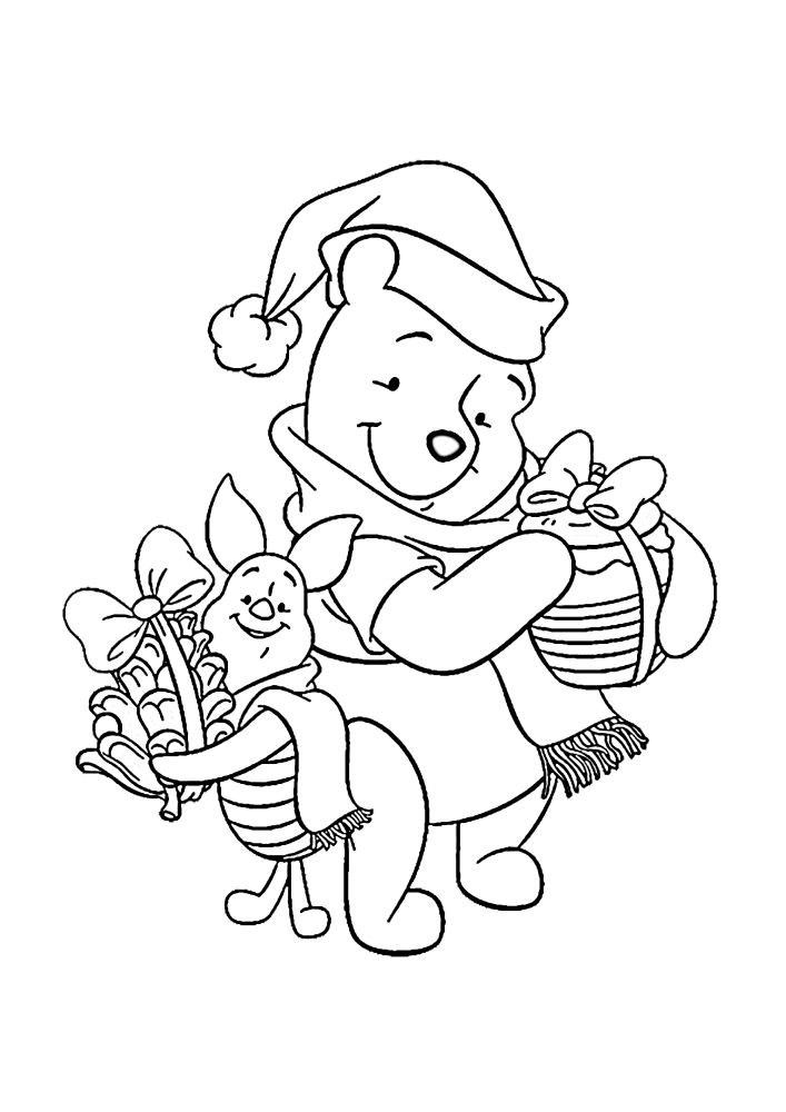 Winnie the Pooh und Ferkel kamen zusammen und tragen jetzt Geschenke an Freunde