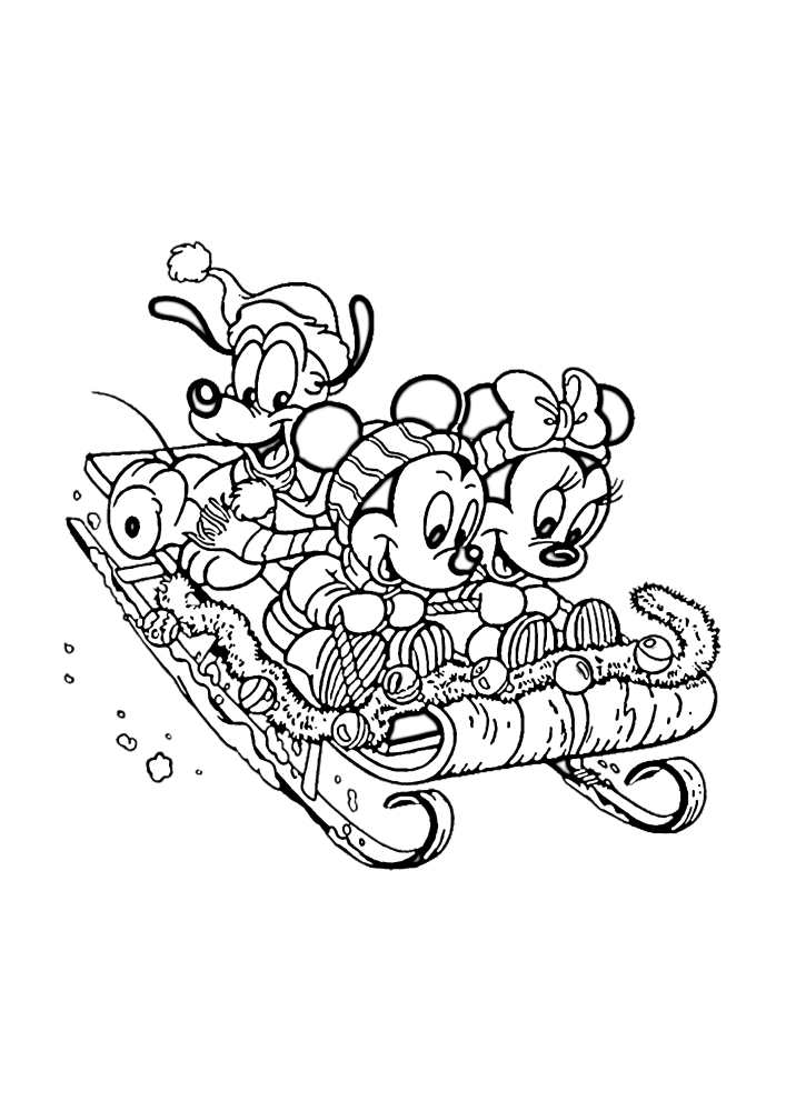 Pluto and little Mickey and Minnie Mouse roll down the mountain on a Christmas sleigh-coloring book