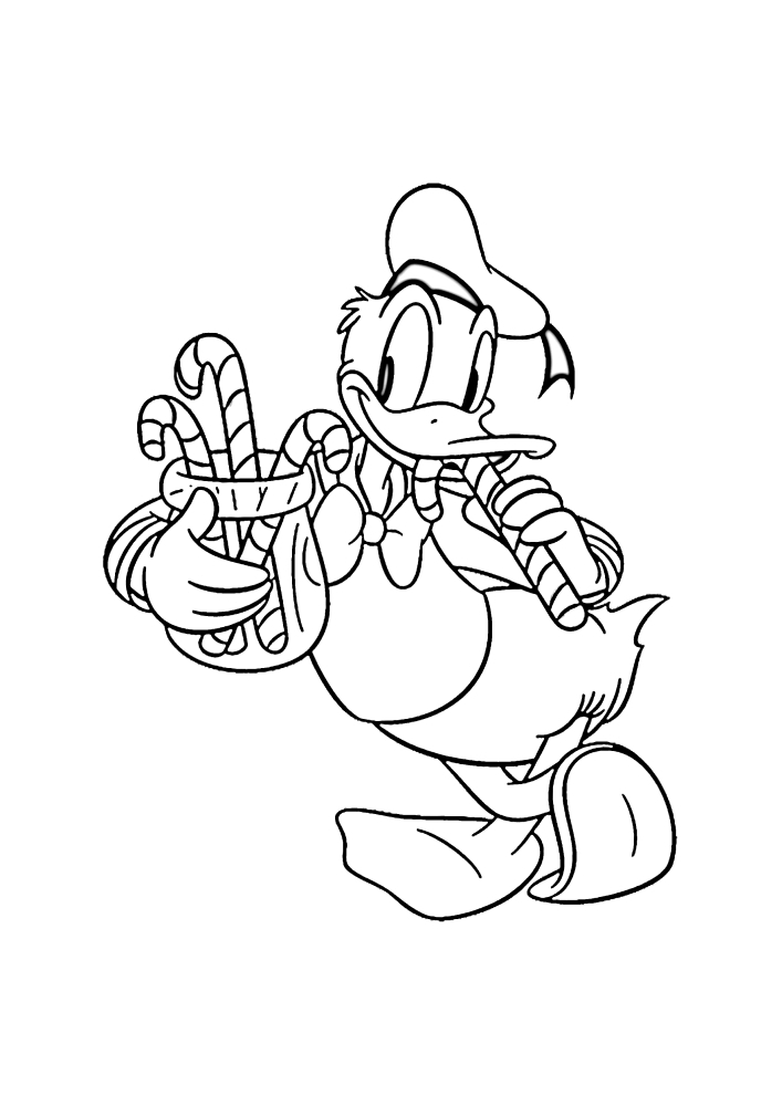 Donald Duck porte des sucettes de Noël à des amis pour les vacances