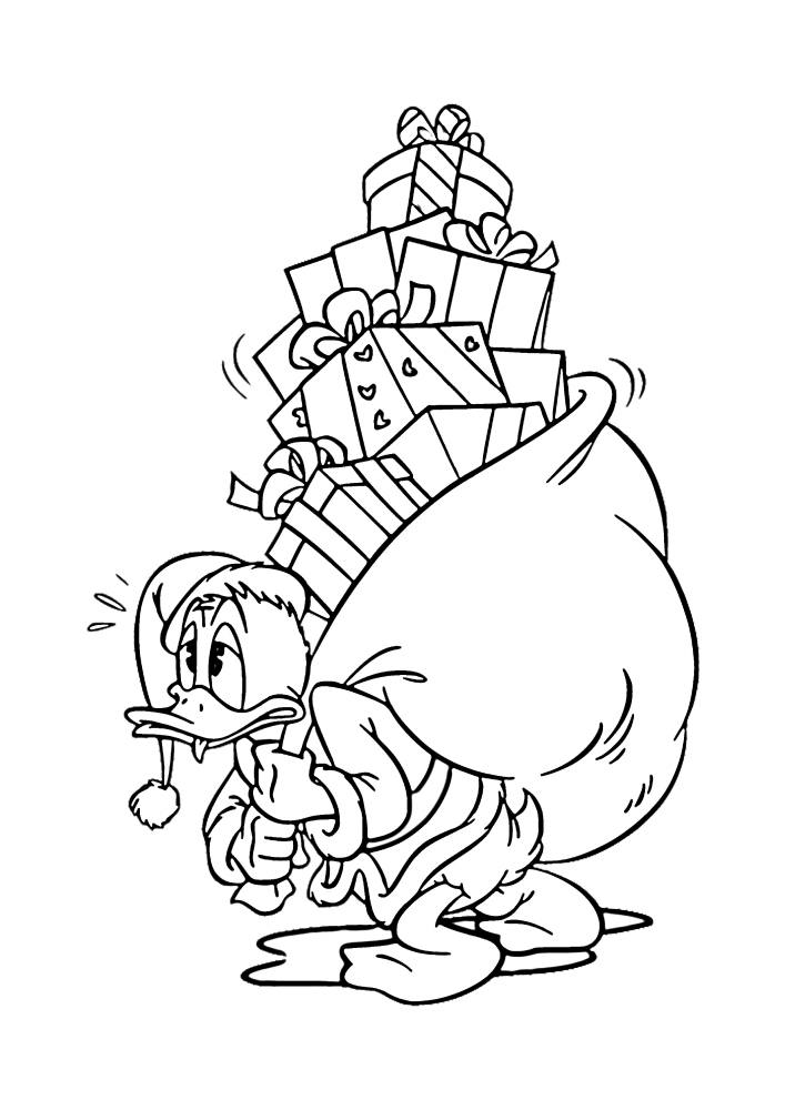 Donald Duck trägt Geschenke an alle seine Freunde.