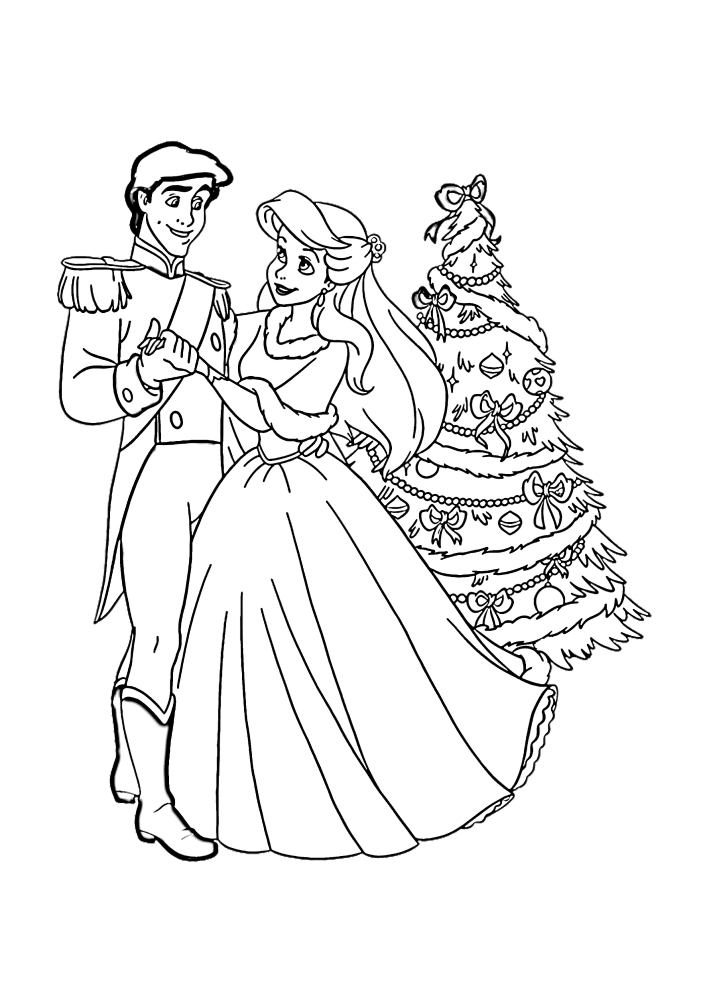 Ariel e seu príncipe, e o pano de fundo é uma árvore de Natal