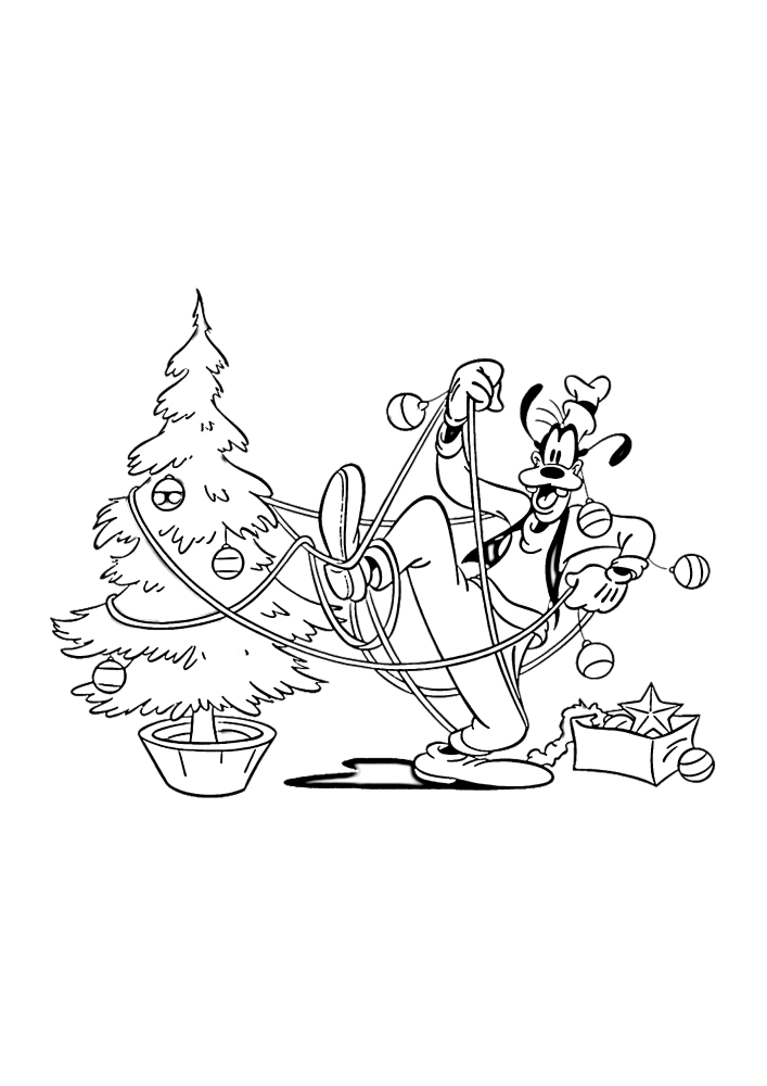 Goofy decorates the Christmas tree for the holiday
