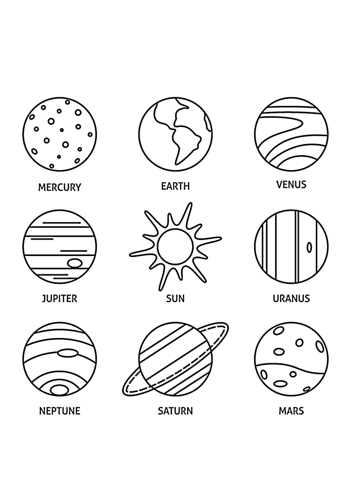 8 planets and the sun-coloring book with inscriptions in English
