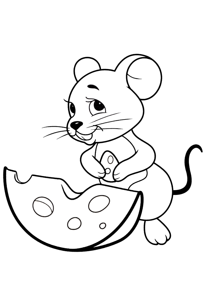 La souris mange du fromage-coloriage
