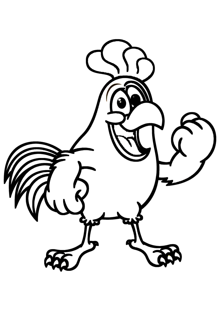 Der Hahn schreit den Hühnern zu, damit sie essen gehen.