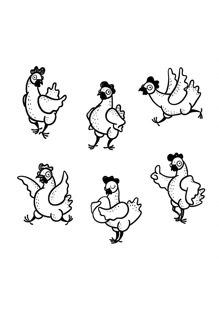6 erilaista kuvaa yhdestä kana-värityskirjasta