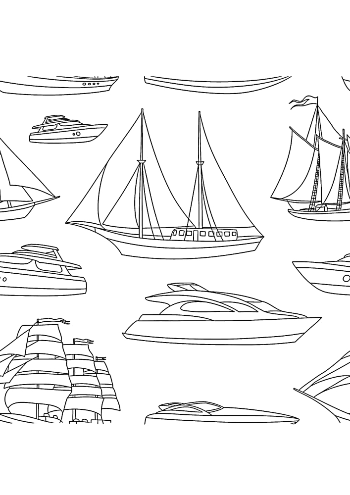 A large number of water transport in one coloring book!