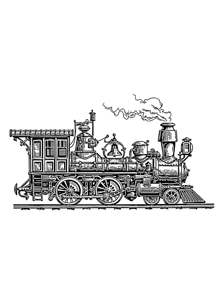 Steam locomotive on rails-coloring book